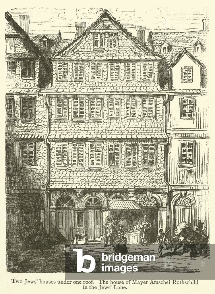 Two Jews' houses under one roof, The house of Mayer Amschel Rothschild in the Jews' Lane (engraving)