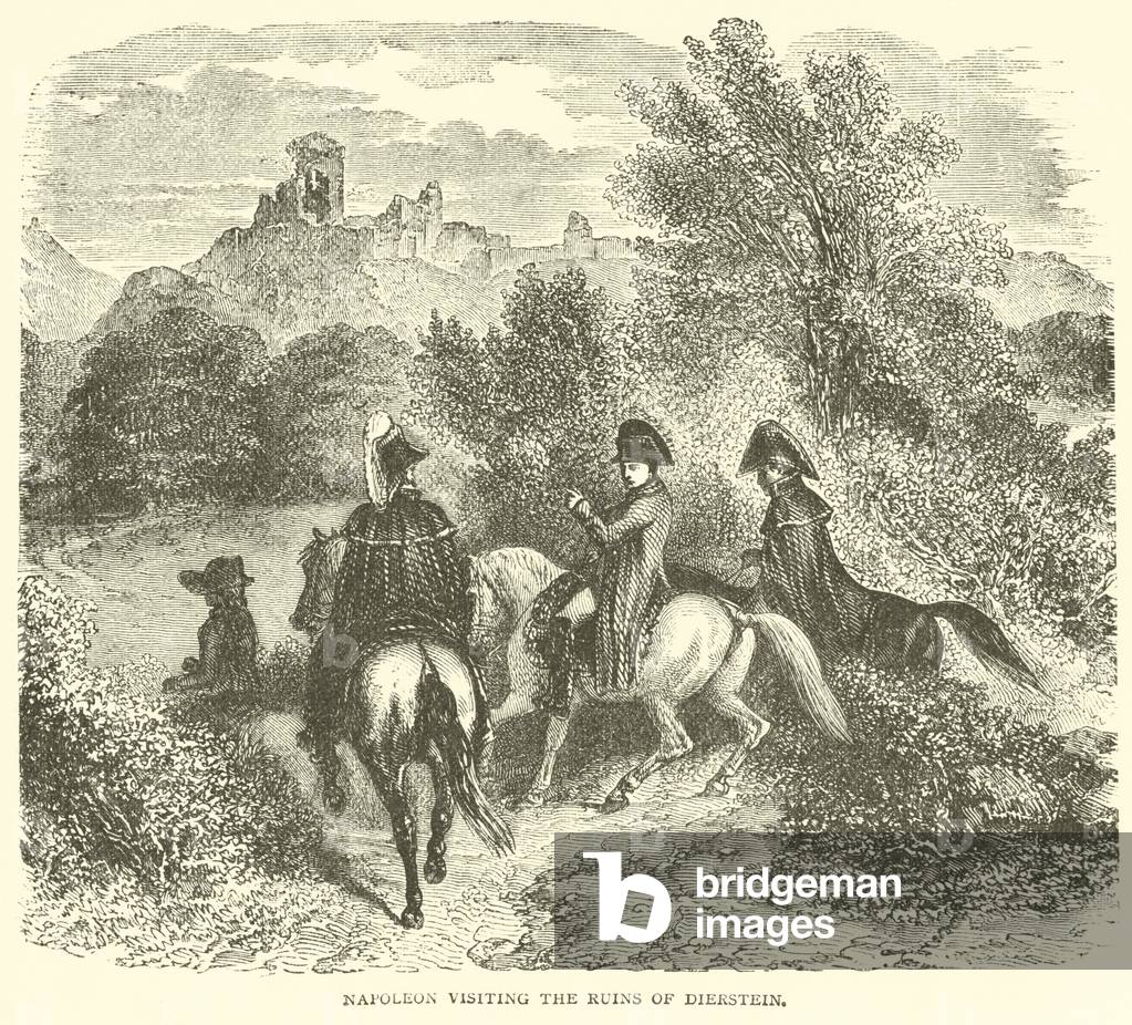 Napoleon visiting the ruins of Dierstein (engraving)