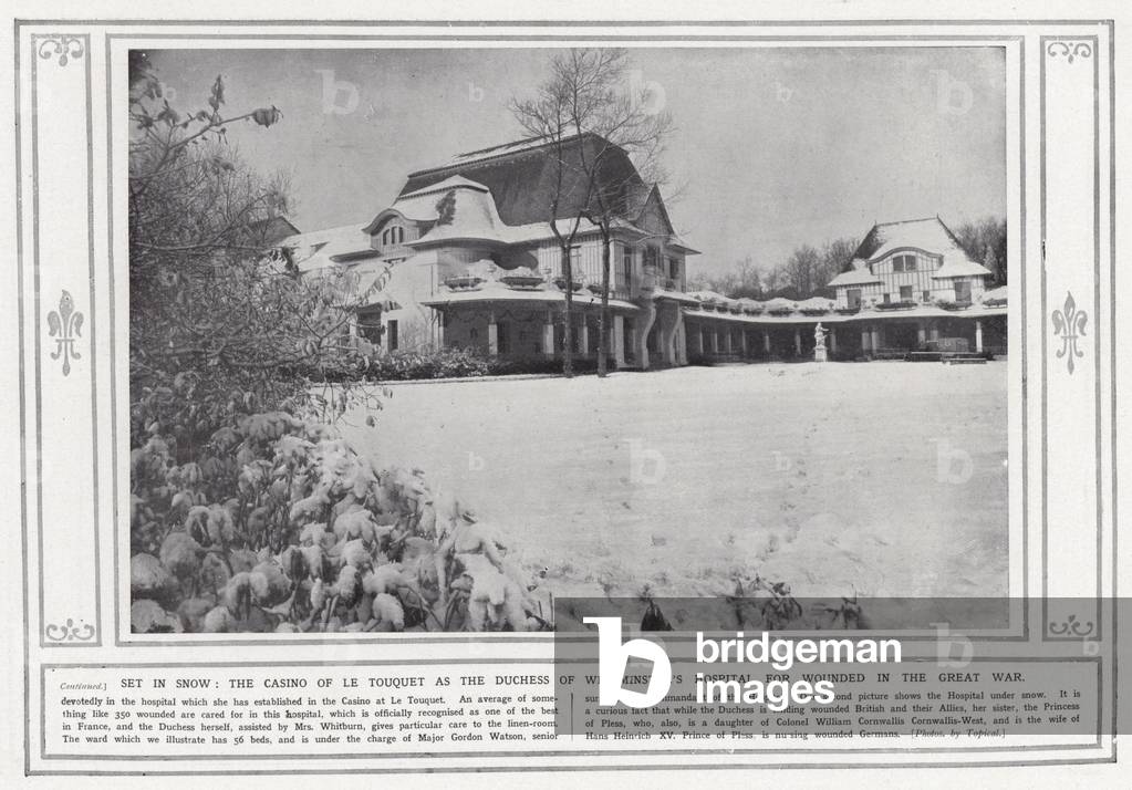 Set in snow, the Casino of Le Touquet as the Duchess of Westminster's Hospital for wounded in the Great War (b/w photo)