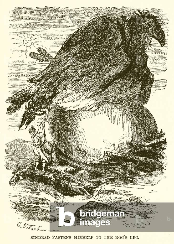 Sindbad Fastens himself to the Roc's Leg (engraving)