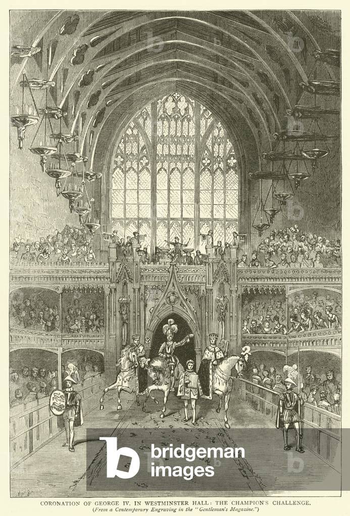 Coronation of George IV in Westminster Hall, the Champion's Challenge, from a contemporary engraving in the 