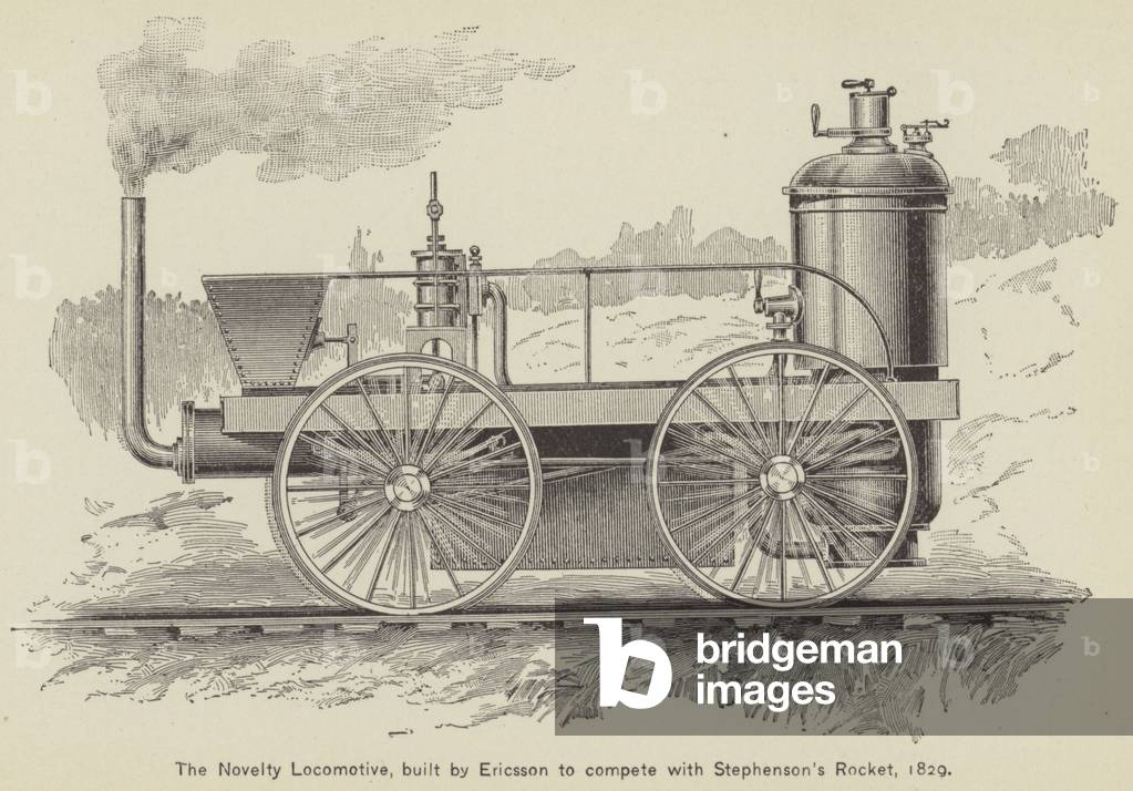 The Novelty Locomotive, built by Ericsson to compete with Stephenson's Rocket, 1829 (engraving)