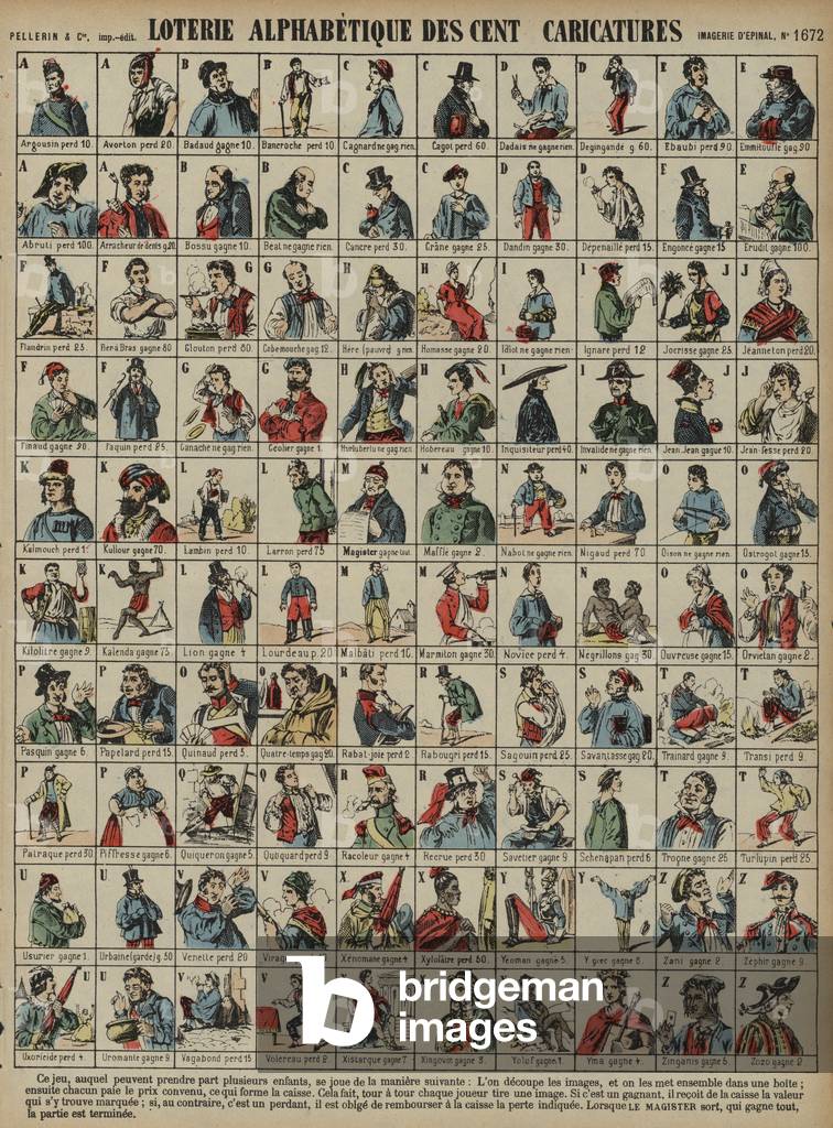 Alphabetical lottery of a hundred caricatures (coloured engraving)