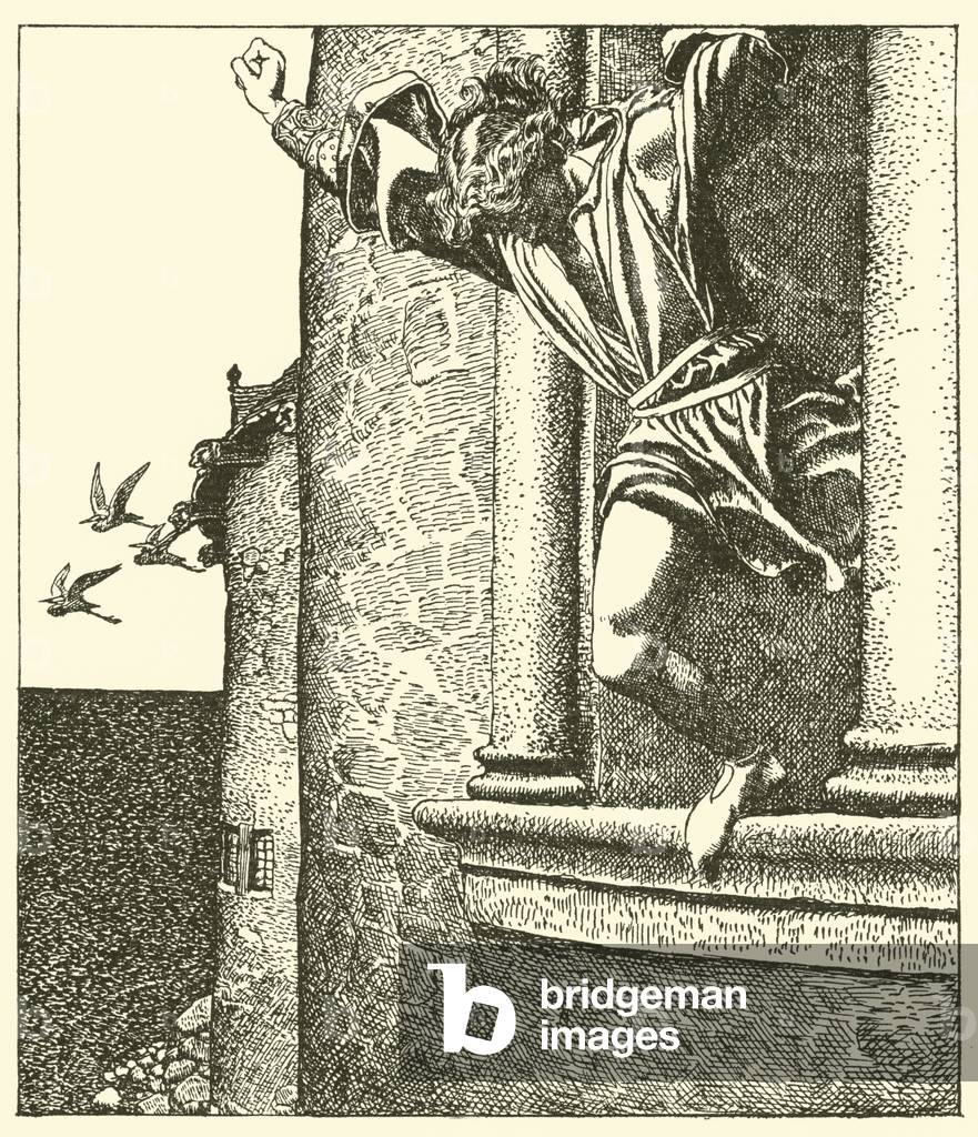 Sir Tristram leaps into ye Sea (litho)