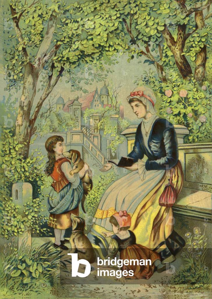 Mother playing with children and dogs (chromolitho)