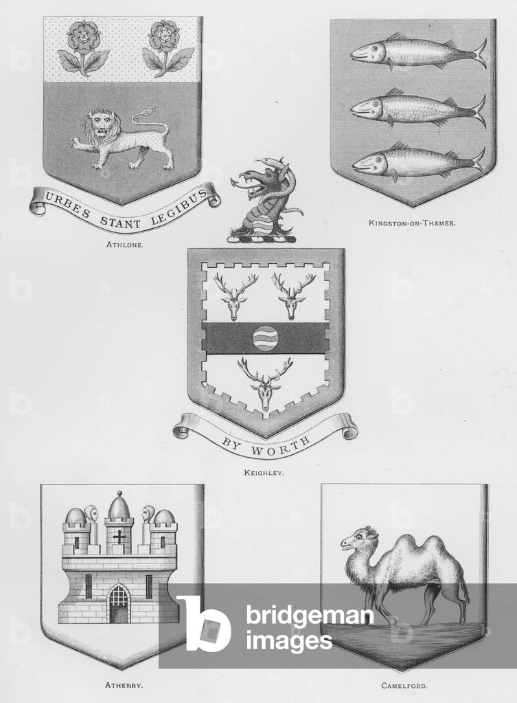 Public arms: Athlone; Kingston-on-Thames; Keighley; Athenry; Camelford (engraving)