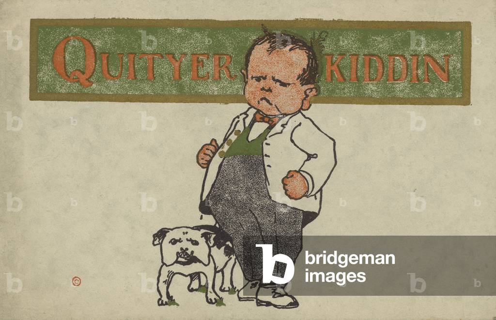 Aggressive man with a bulldog (colour litho)