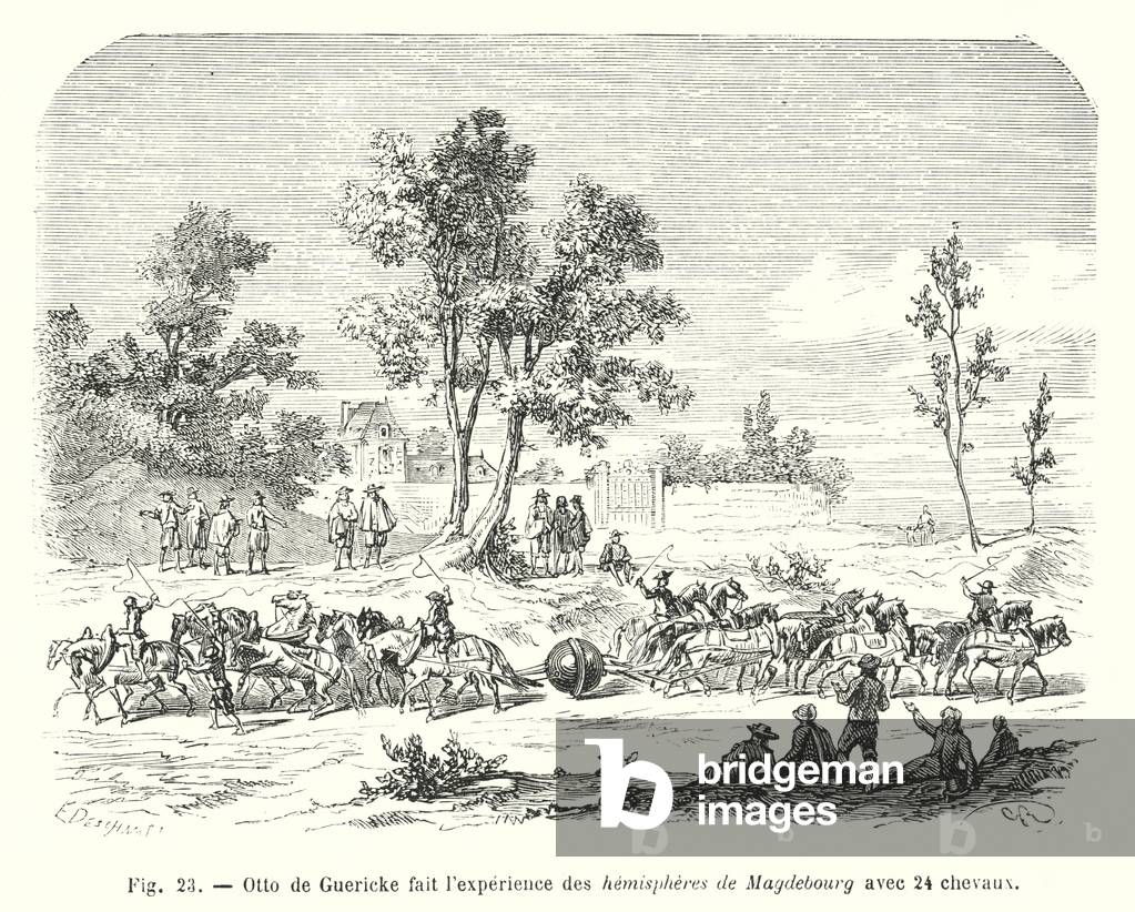 Otto de Guericke fait l'experience des hemispheres de Magdebourg avec 24 chevaux (engraving)