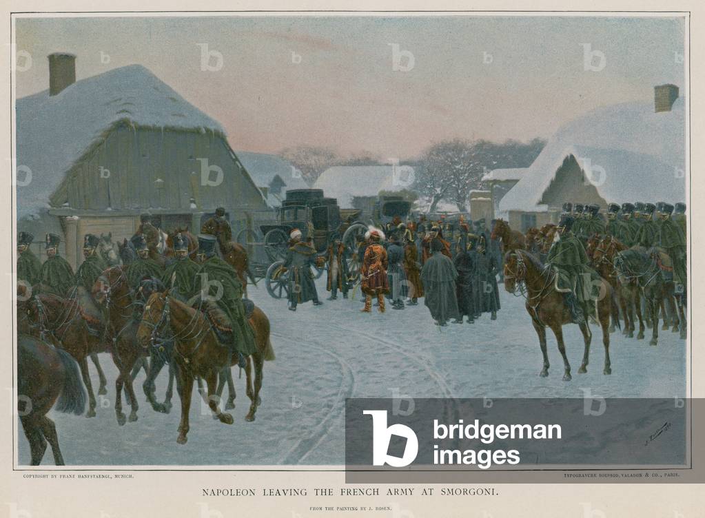 Napoleon leaving the French Army at Smorgoni (colour litho)
