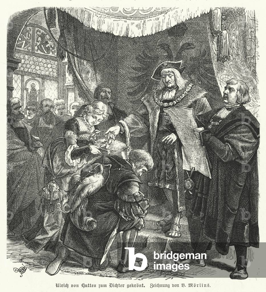 Ulrich von Hutten being crowned Poet Laureate by the Holy Roman Emperor Maximilian I, 1517 (engraving)
