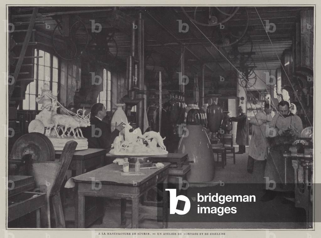 Mounting and chiselling workshop at the Sevres porcelain factory, France (b/w photo)