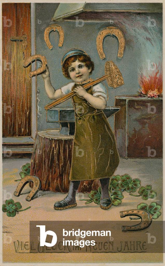 Boy blacksmith making golden horseshoes for New Year luck.  Postcard sent on 31 December 1913.