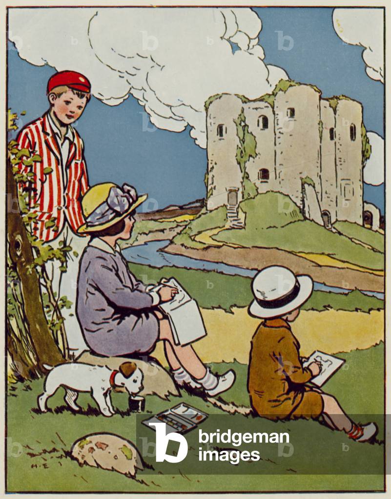 Early 20th century childhood: Sketching the Castle (colour litho)