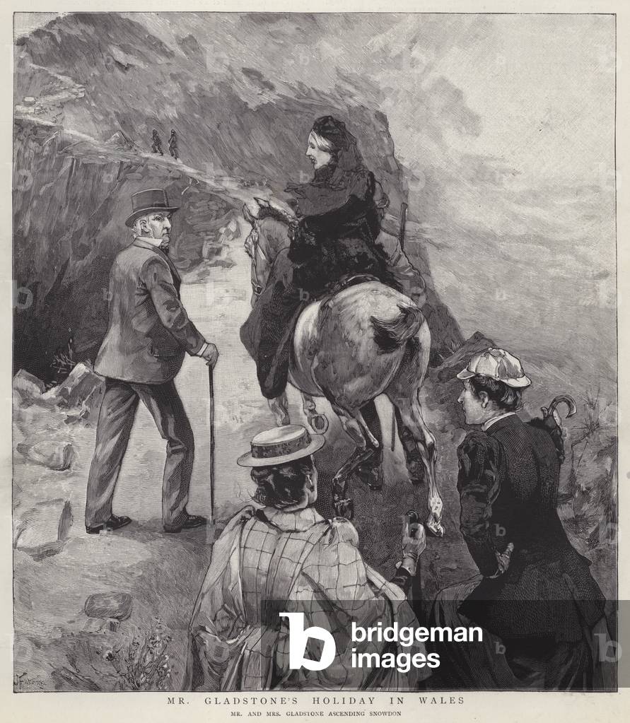British Prime Minister William Ewart Gladstone and his wife Catherine climbing Snowdon during their holiday in Wales, 1892 (litho)