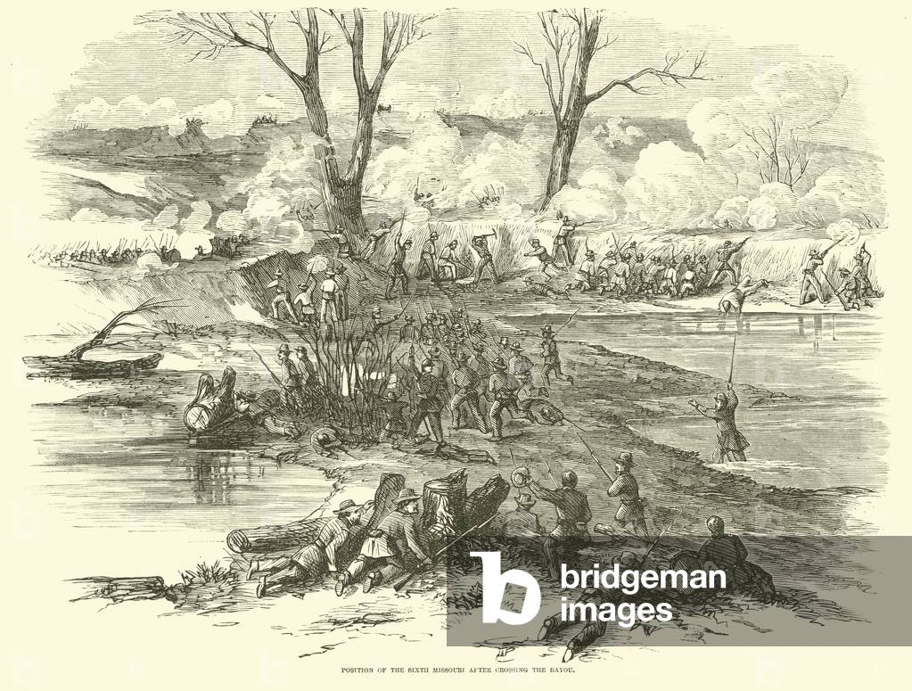 Position of the Sixth Missouri after crossing the Bayou, December 1862 (engraving)