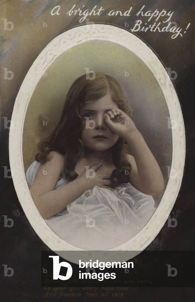 Pretty young girl crying, Happy Birthday Card (coloured photo)
