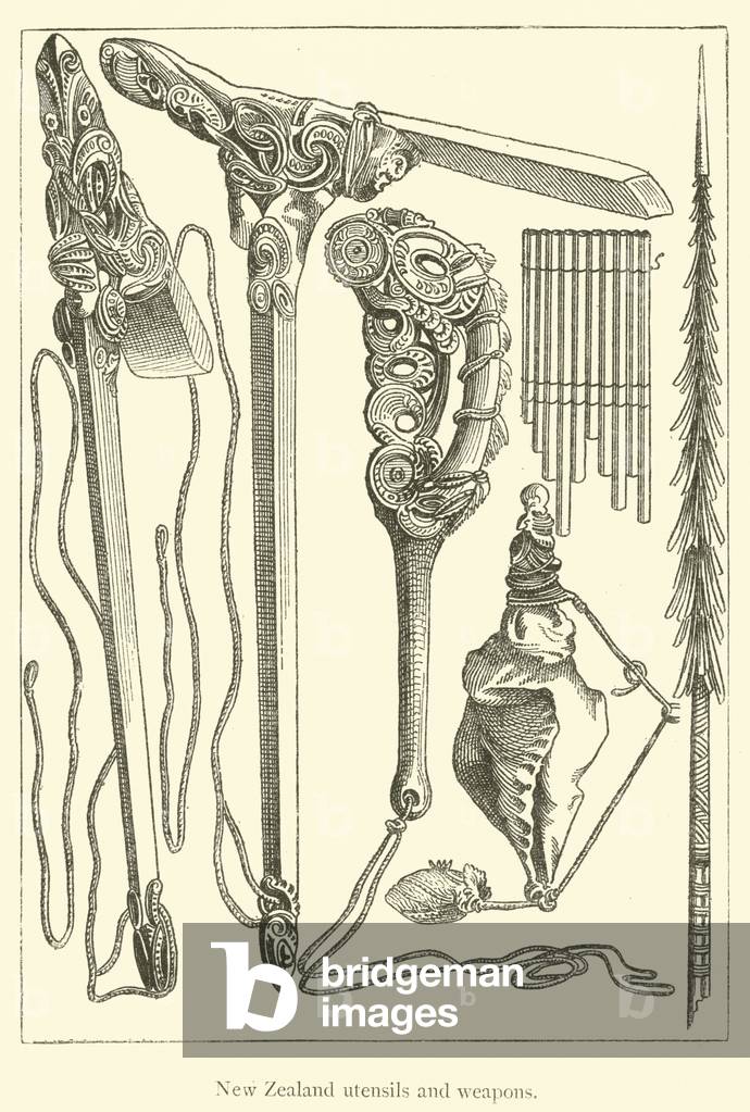 New Zealand utensils and weapons (engraving)