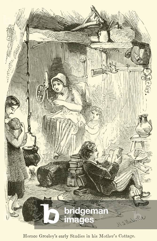Horace Greeley's early Studies in his Mother's Cottage (engraving)