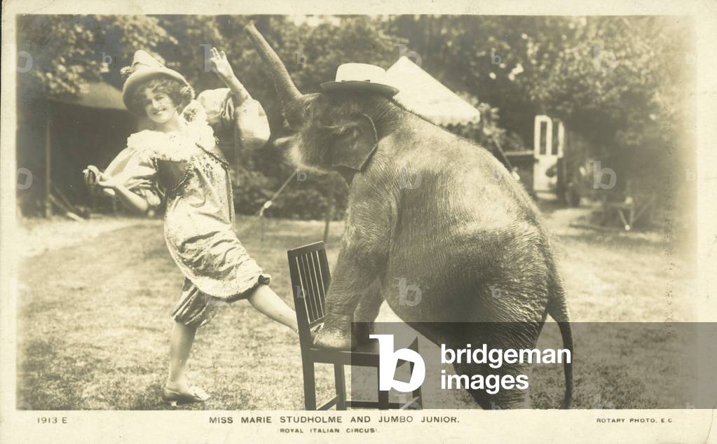 Miss Marie Studholme and Jumbo Junior, Royal Italian Circus (b/w photo)