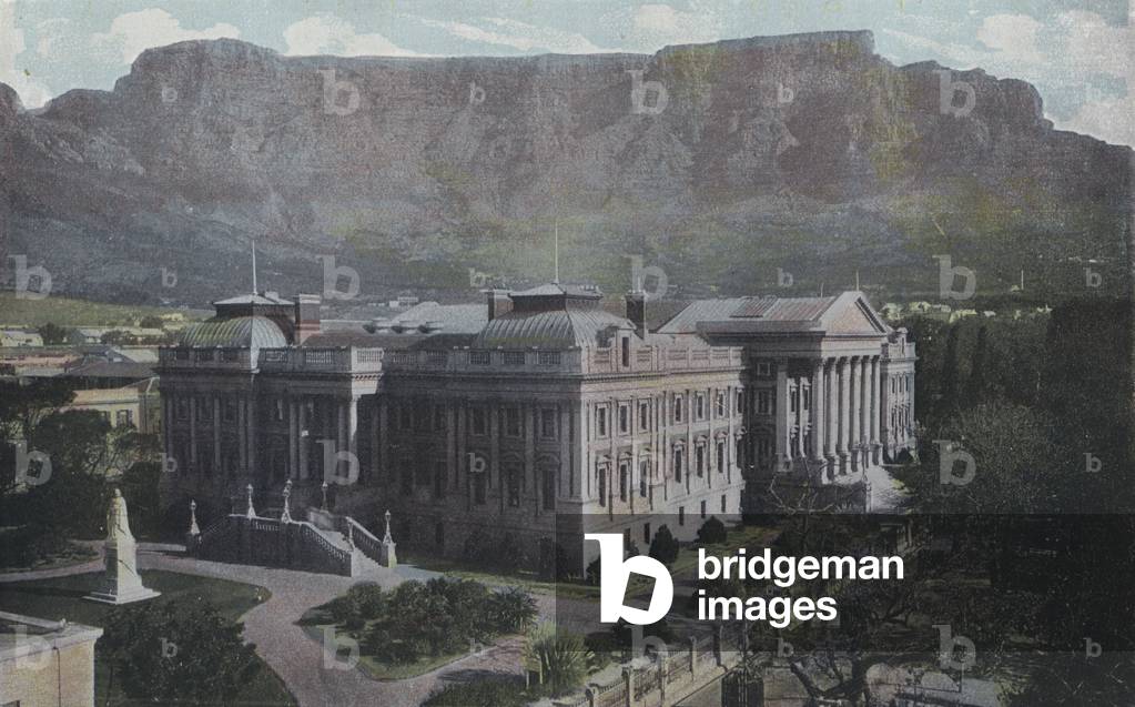 Table Mountain and Parliament House, Cape Town (coloured photo)