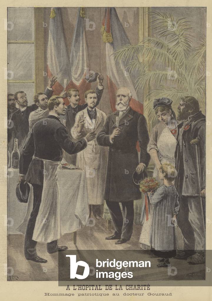 Patriotic tribute in honour of Doctor Gouraud at the Hopital de la Charite, Paris (colour litho)