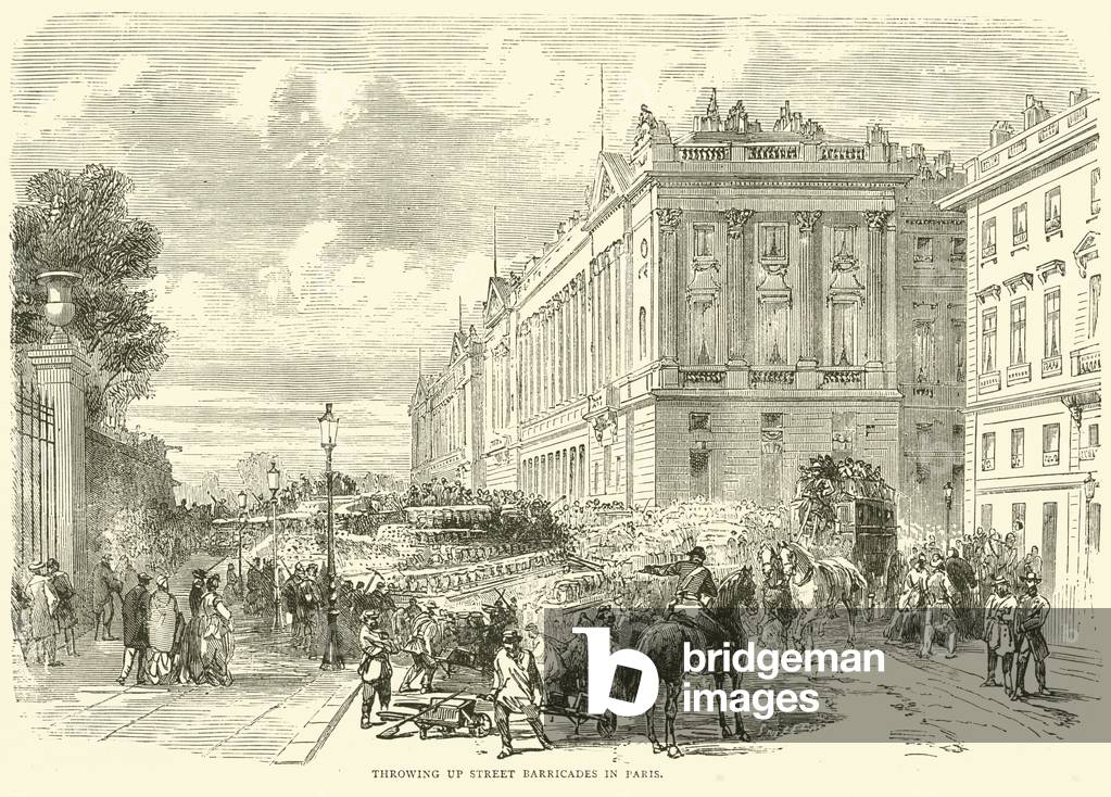 Throwing up street barricades in Paris, October 1870 (engraving)