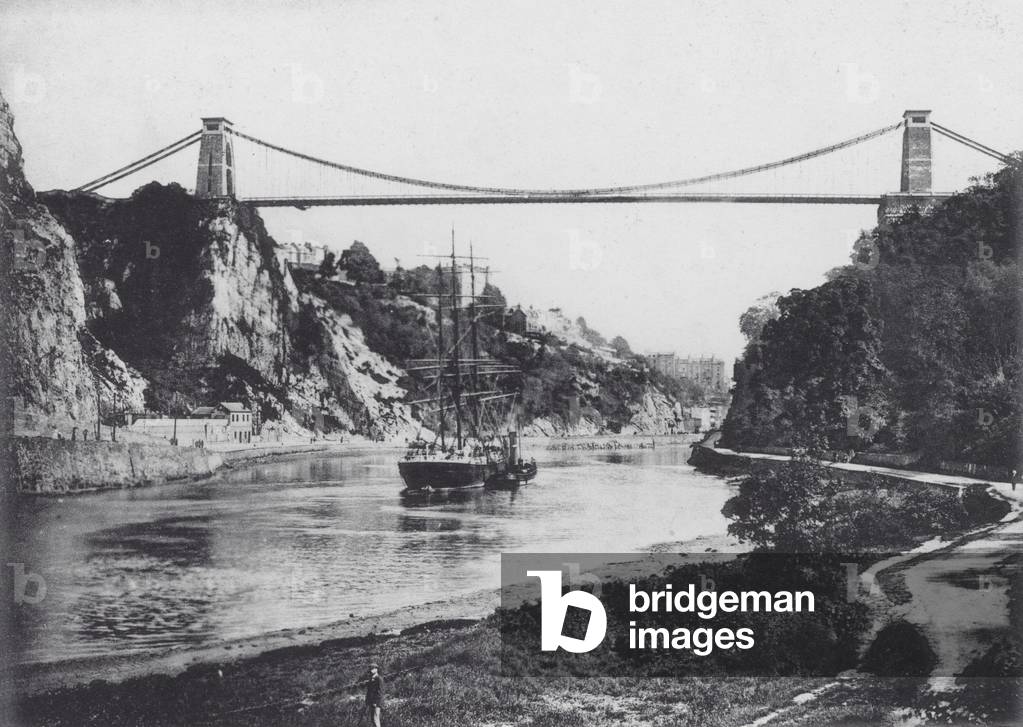 Suspension Bridge from River Bank, Clifton (b/w photo)