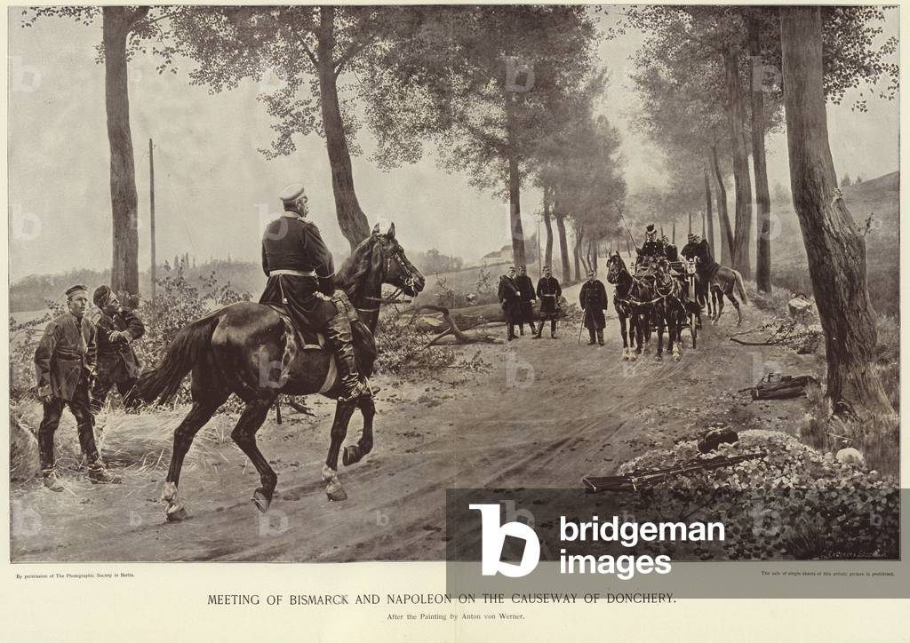 Meeting of Bismarck and Napoleon on the causeway of Donchery (litho)