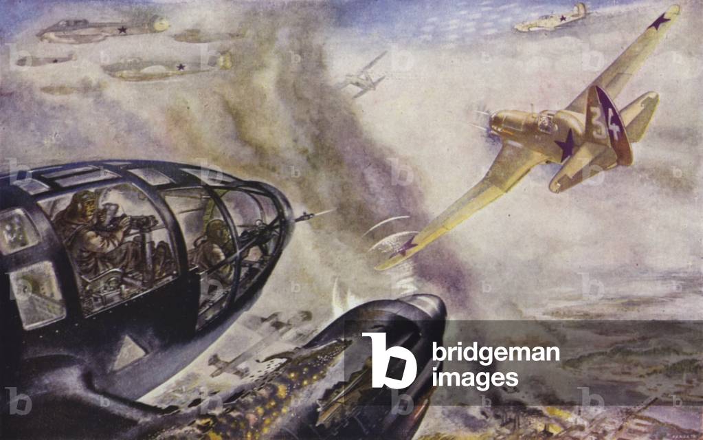 Aerial dogfight between a German Heinkel III bomber and a Russian Mig 3 fighter, World War II, 1943-1944 (colour litho)