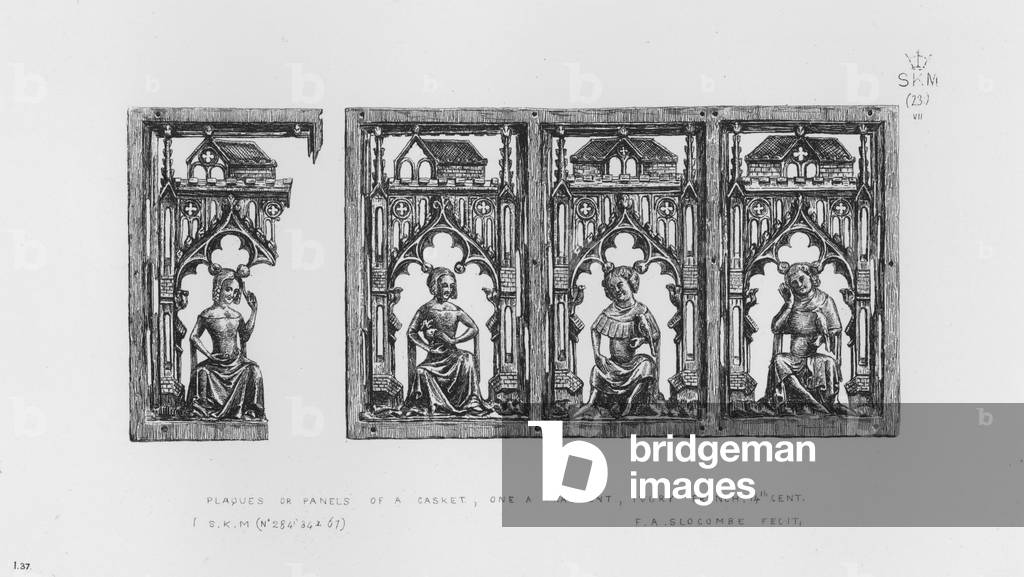 Victoria And Albert Museum: Plaques or Panels of a Casket, one a fragment, ivory, French, 14th century (engraving)