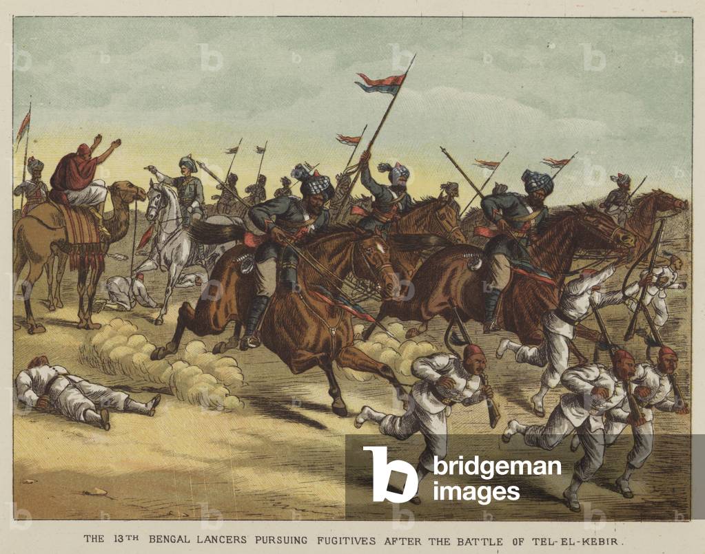 The 13th Bengal Lancers pursuing fugitives after the Battle of Tel-El-Kebir (colour litho)
