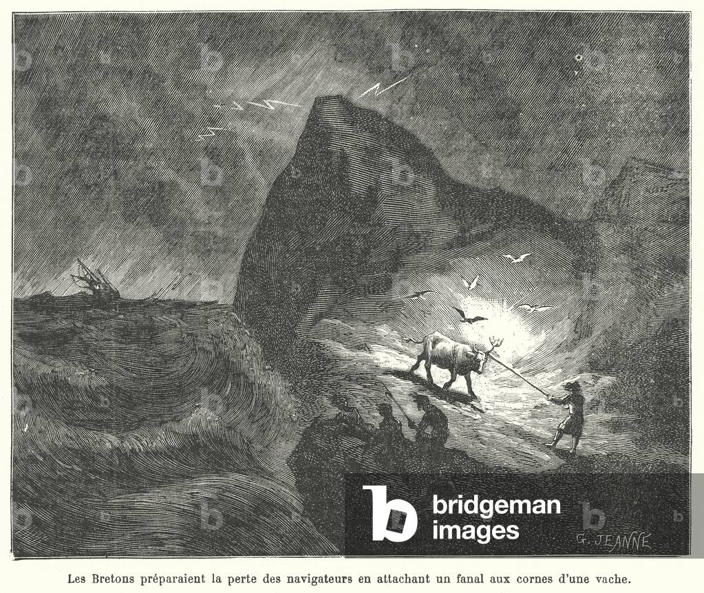 Breton wreckers attempting to lure a ship onto the rocks by attaching a lantern to the horns of a cow (engraving)