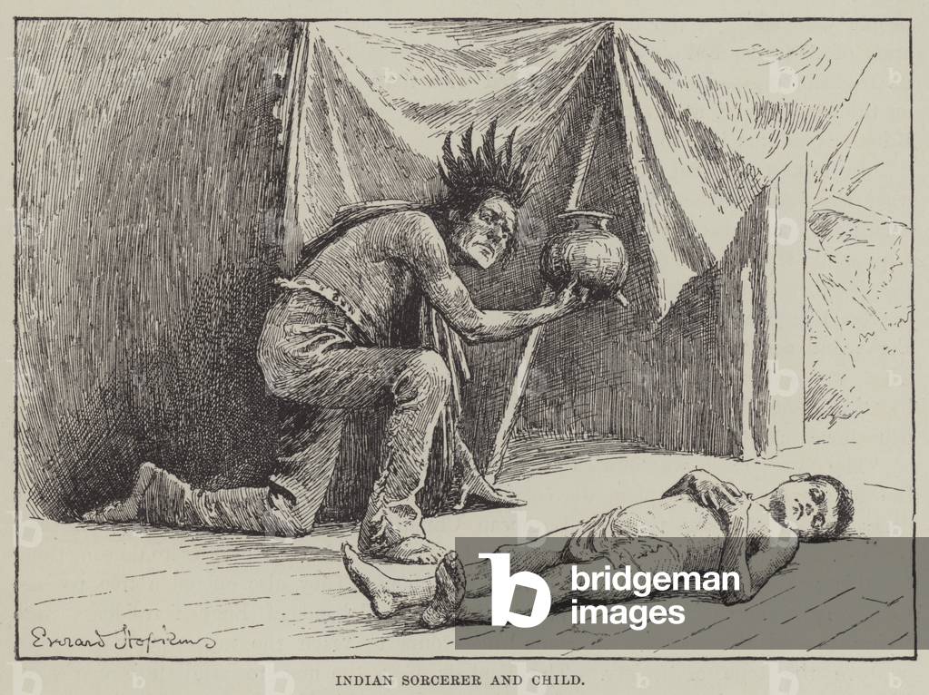 Indian sorcerer and child (engraving)