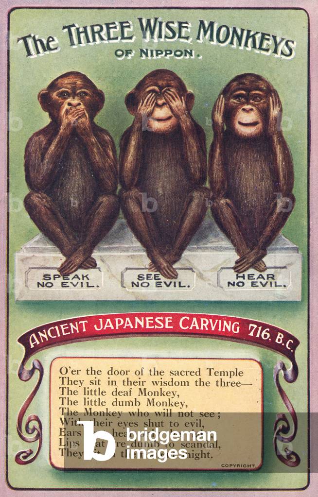 The Three Wise Monkeys of Japan (colour litho)