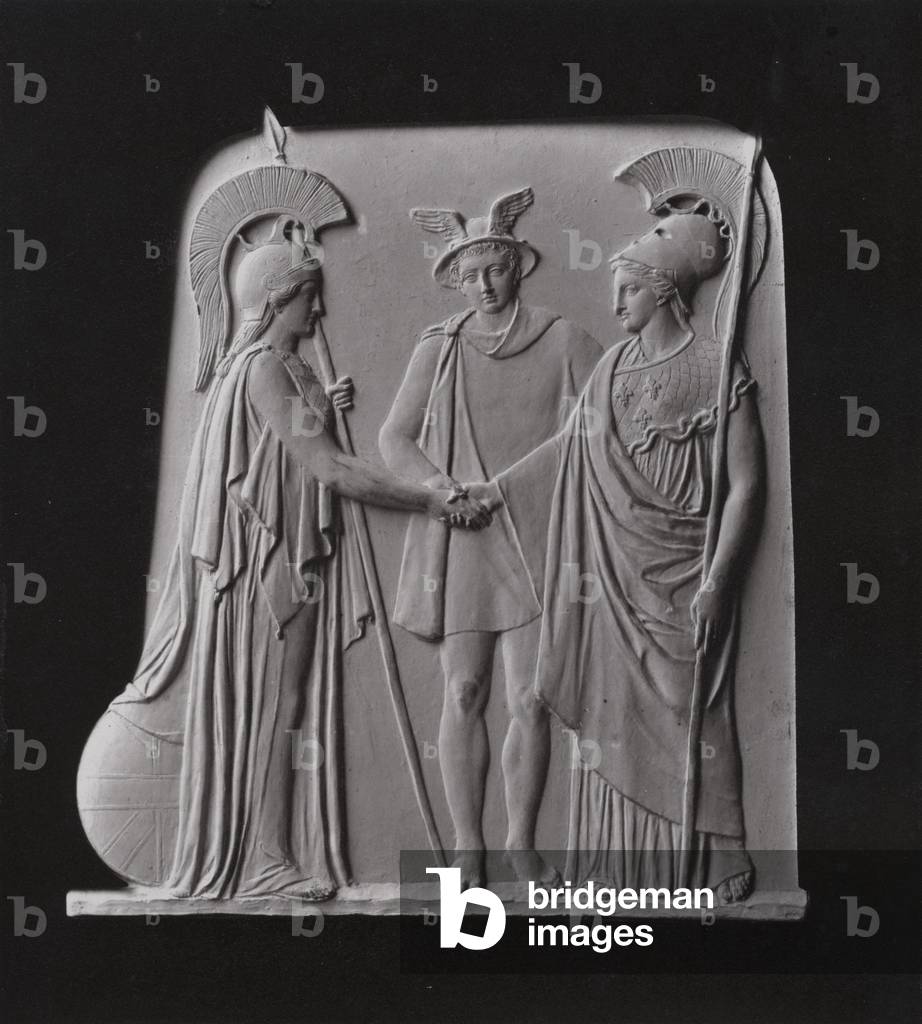 Mercury Joining the Hands of France and England, Wedgwood china and blue ball clay bas-relief or tablet designed by John Flaxman, 1787 (autotype)