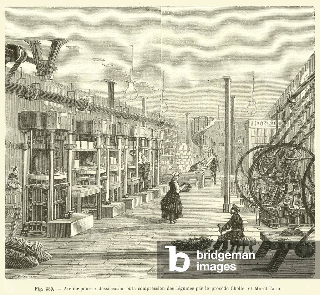 Atelier pour la dessiccation et la compression des legumes par le procede Chollet et Morel-Fatio (engraving)