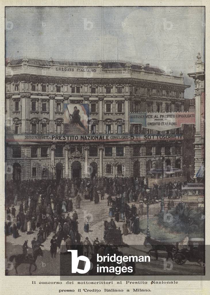 The competition of the underwriters for the National Loan at the Italian Credit in Milan (colour litho)
