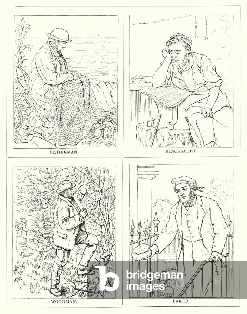Fisherman, Blacksmith, Woodman, Baker (engraving)