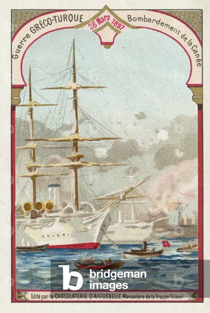 Bombardment of Chania, Crete, Greco-Turkish War, 28 March 1897 (chromolitho)
