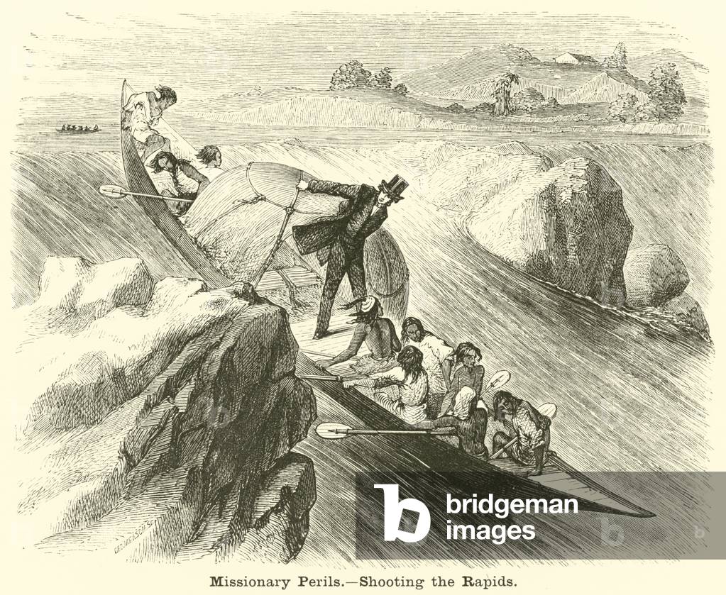 Missionary Perils, Shooting the Rapids (engraving)