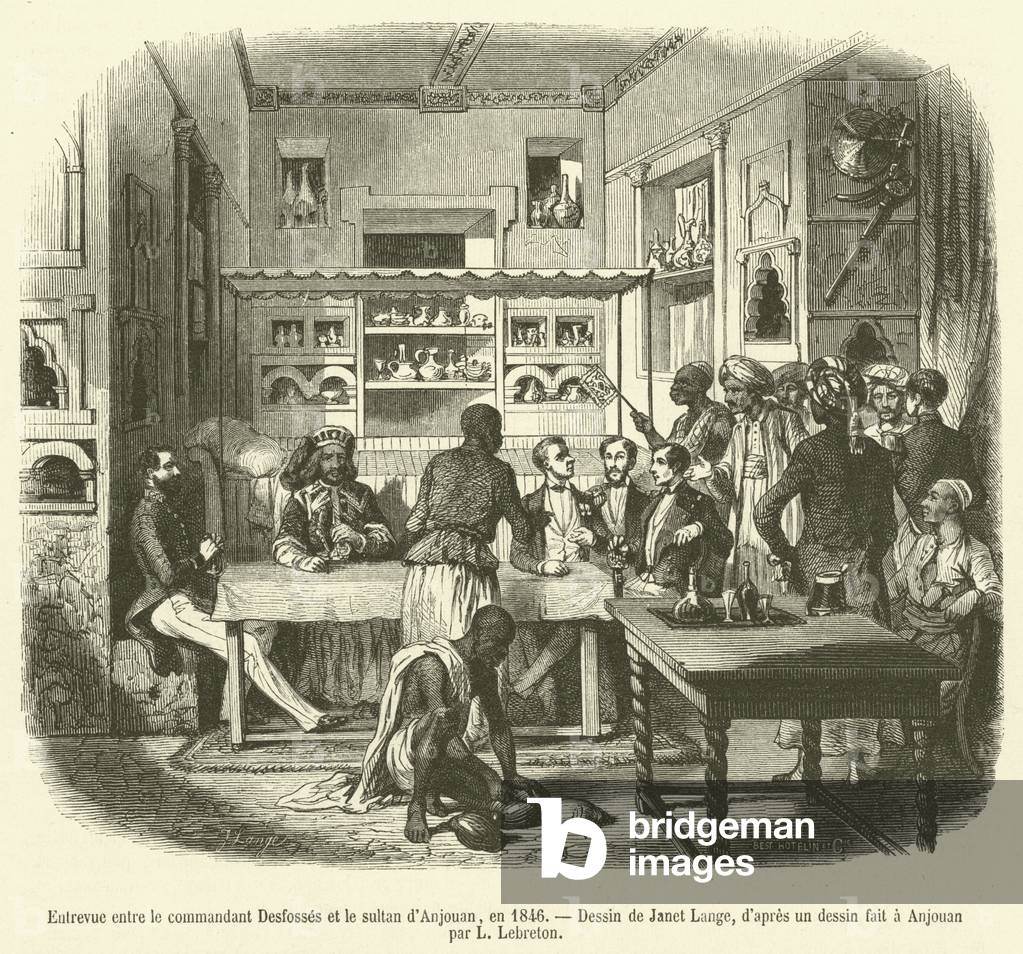 Entrevue entre le commandant Desfosses et le sultan d'Anjouan, en 1846 (engraving)