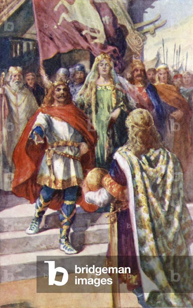 Offa, King Of Mercia, descending the steps of his throne (colour litho)