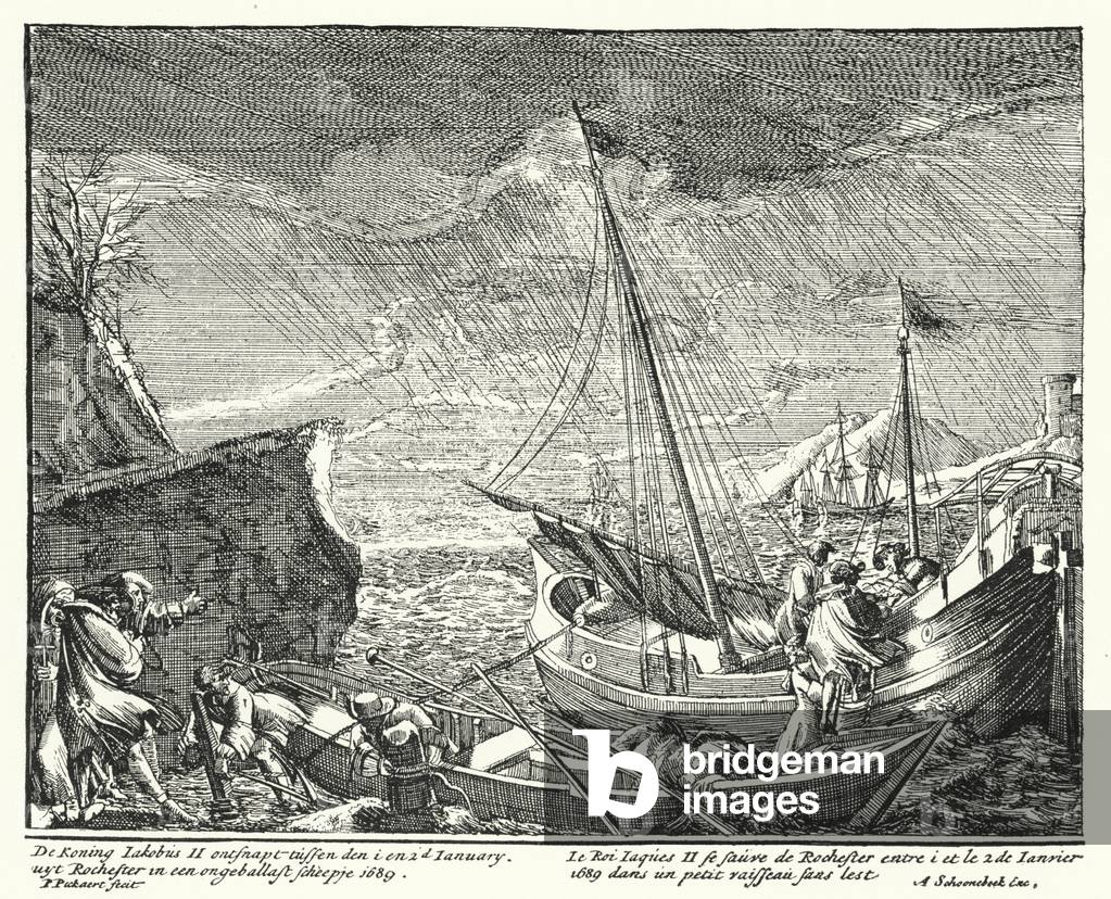 King James II flees England, leaving Rochester in a small boat, 1689 (engraving)
