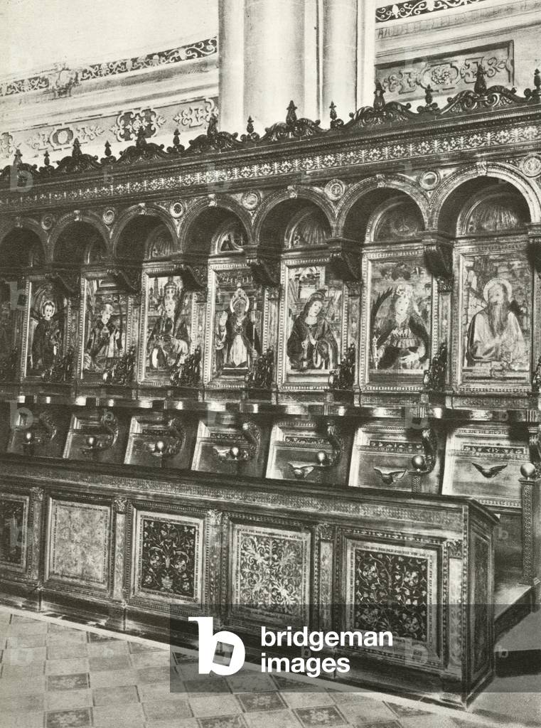 Certosa di Pavia, Porzioni di stalli del Coro, A Borgognone e B di Paola (engraving)