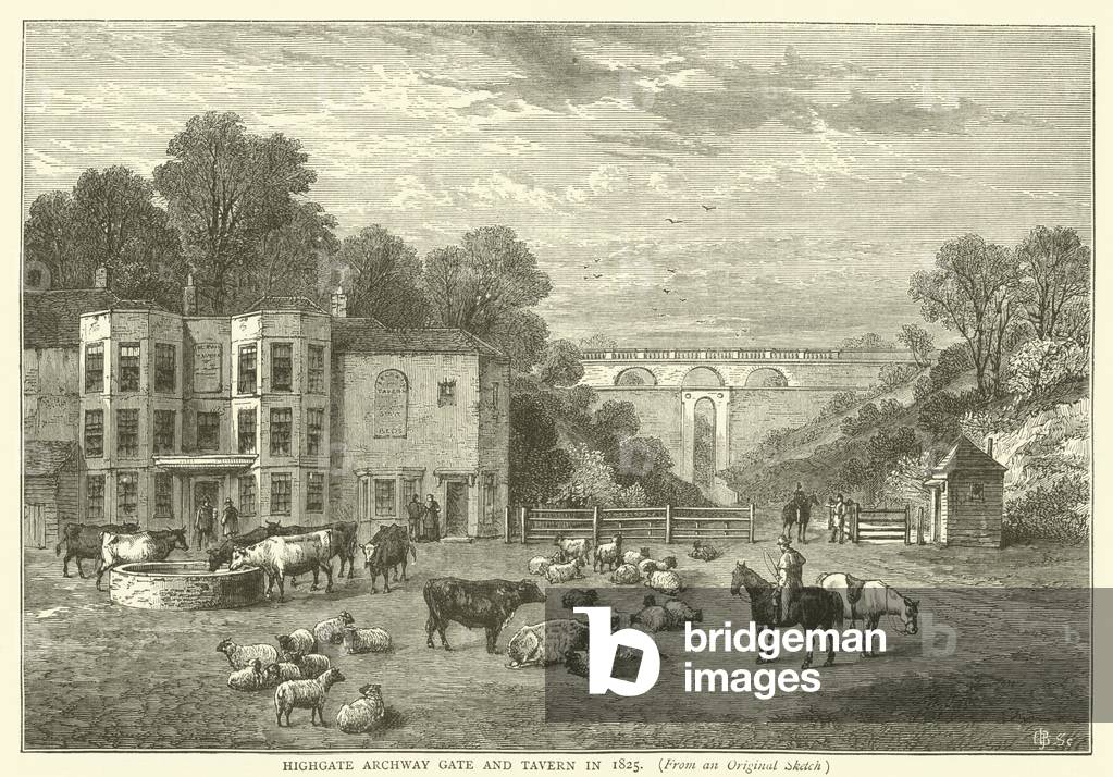 Highgate Archway Gate and Tavern in 1825, from an original sketch (engraving)