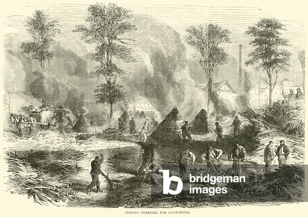 Making charcoal for gunpowder, October 1870 (engraving)