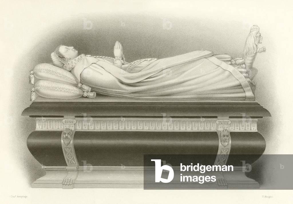 Effigy of Mary, Queen of Scots on her tomb in Westminster Abbey (engraving)
