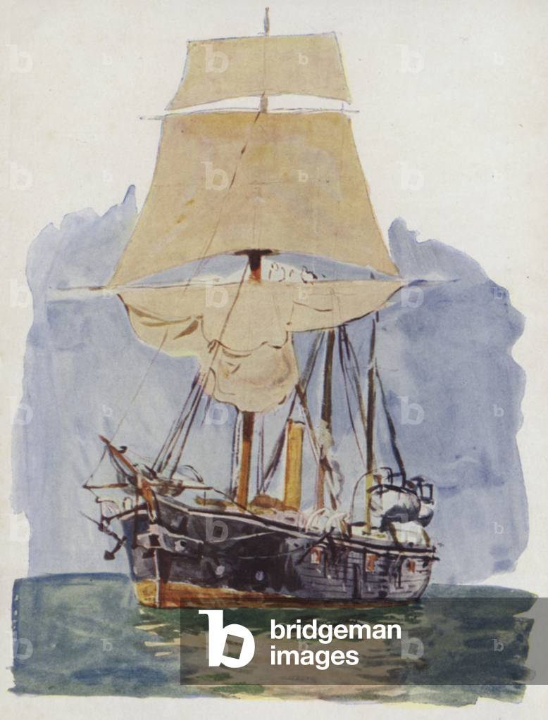 A Gunboat at Sail Drill (colour litho)