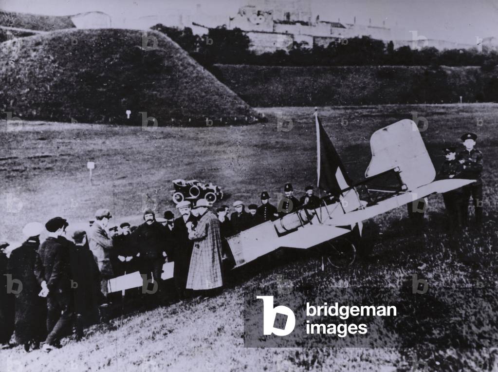 French aviator Louis Bleriot's aircraft after landing at Dover having made the first successful powered flight across the English Channel, 25 July 1909 (b/w photo)
