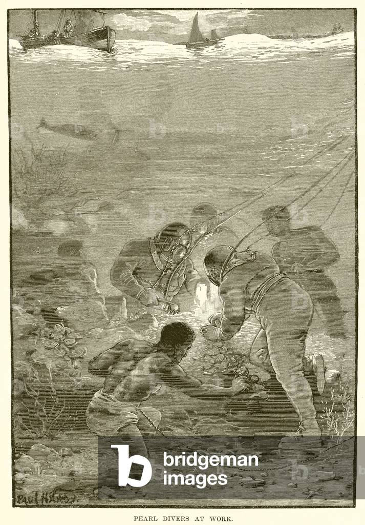 Pearl divers at work (engraving)